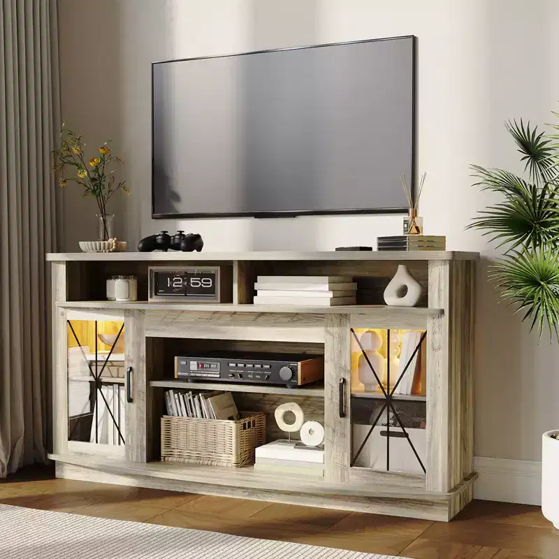 TV Stand for 65-inch TVs with LED Lighting, Spacious Storage Cabinets, Adjustable Shelves