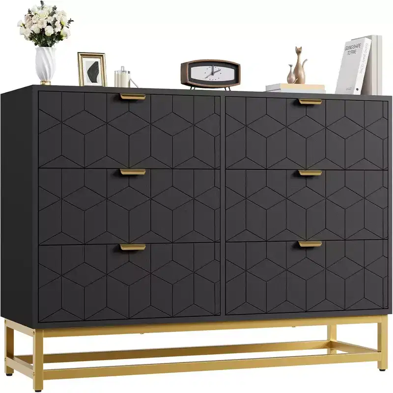 Six-Drawer Bedroom Dressing Table with Gold Metal Legs