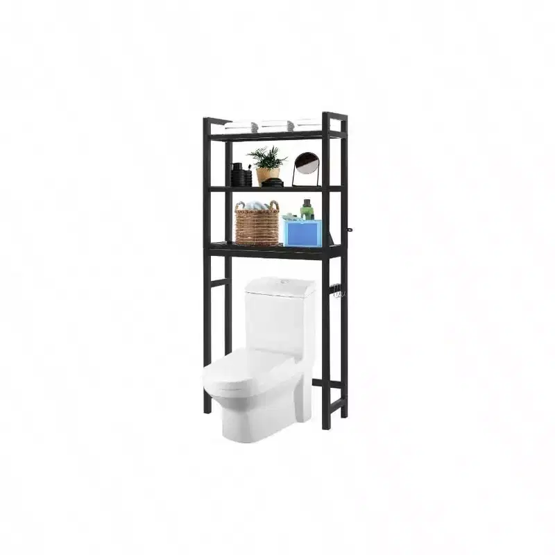 Over Toilet Storage Cabinet 3 Tier Shelf Stable Freestanding Black Bathroom Organizer with 3 Hooks 67 Inch H