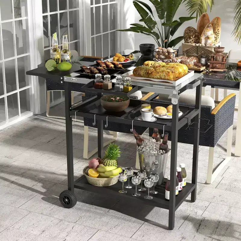 Outdoor Bar Serving Cart with Stainless Steel Top - Black, 48