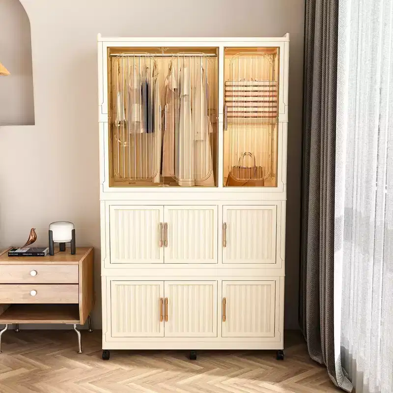 Portable Wardrobe, Plastic Closet Organizer with Hanging Rod and Magnetic Doors, Portable Collapsible Wardrobe Closet Storage Organizer
