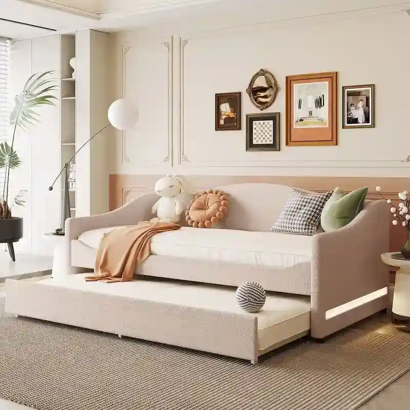 Teddy Fleece Twin Size Upholstered Daybed with Light,Trundle
