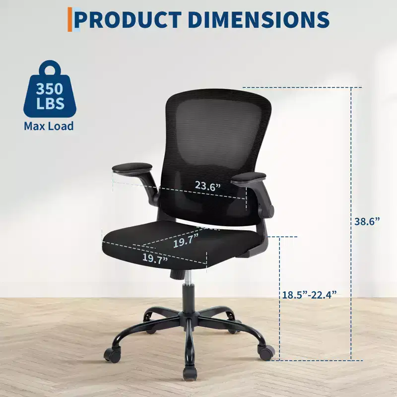 Ergonomic Mesh Office Chair  Adjustable Lumbar Support, Turn over-Up Armrests, High Back Swivel Desk Chair, Comfortable Rolling Executive Task Chair