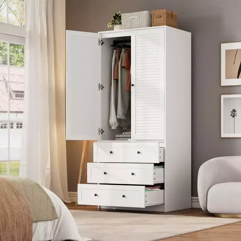 Natural Wood Wardrobe with 2 Rattan Doors & 3 Drawers, Single-Person Standing Closet