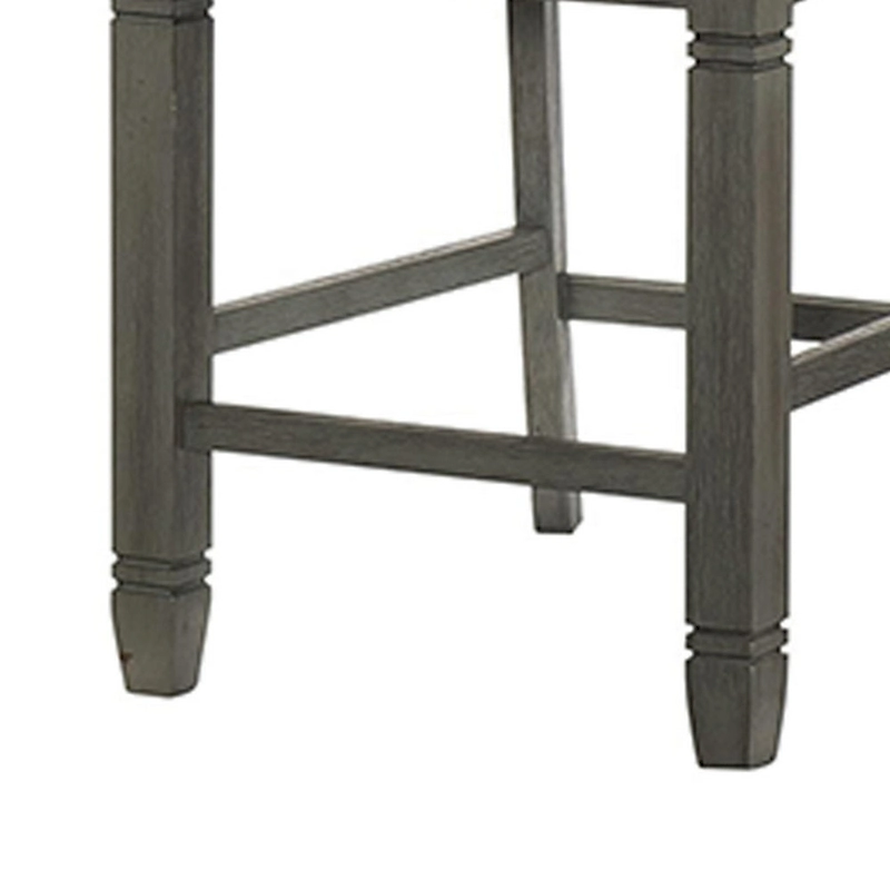 26 Inch Counter Height Chair Set of 2, Slat Back, Gray Wood, Fabric Seat