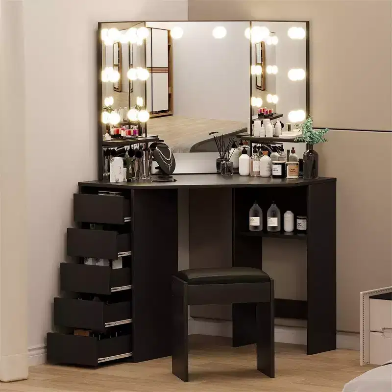 Vanity Desk with Mirror and Lights, Corner Makeup Vanity Desk, Large Dressing Tables with Charging