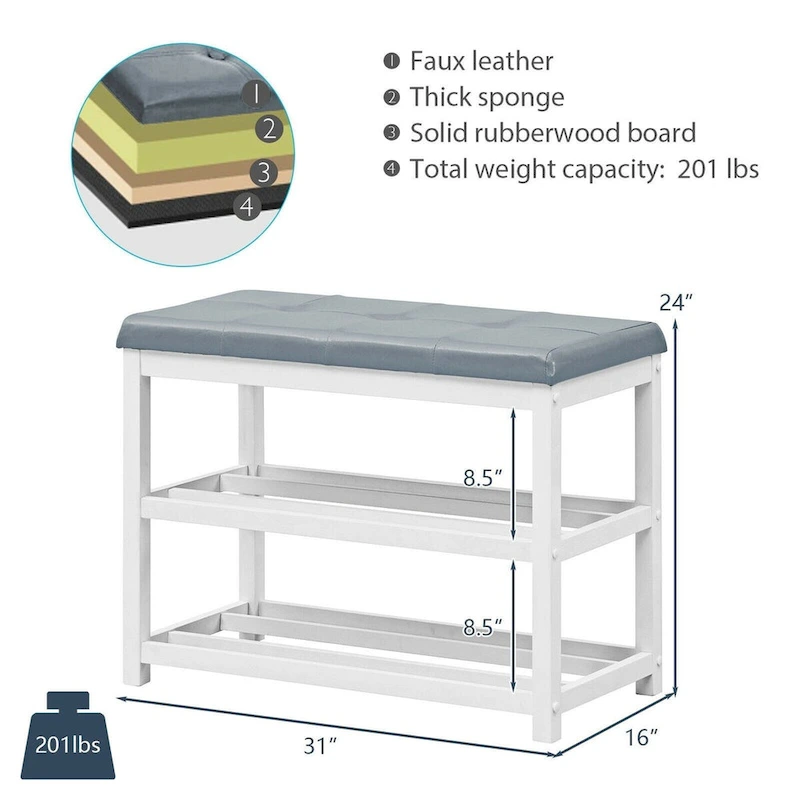2-Tier Wooden Shoe Rack Bench with Padded Seat - 31x 16x 24(L x W x H)