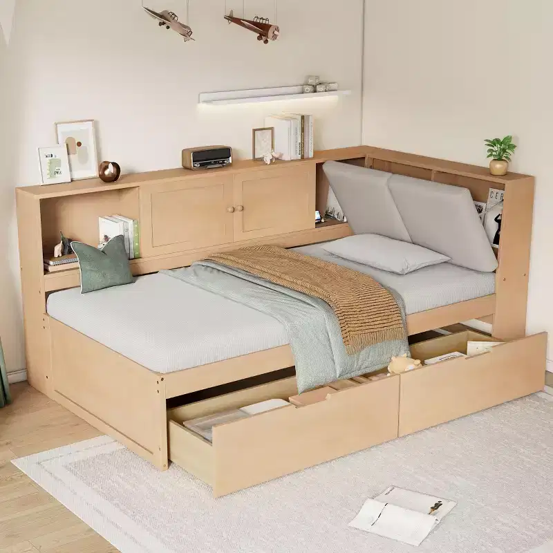 Wooden L-Shaped Daybed with Upholstered Storage Headboard, USB Charging Ports & Storage Bookcase