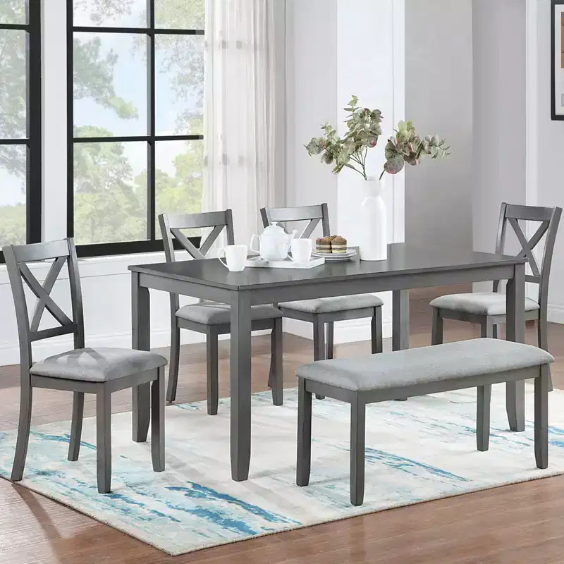 6-Piece Dining Set: Rectangular Wood Table, 4 Upholstered Chairs, Bench for Home Kitchen, Living Room, Bar