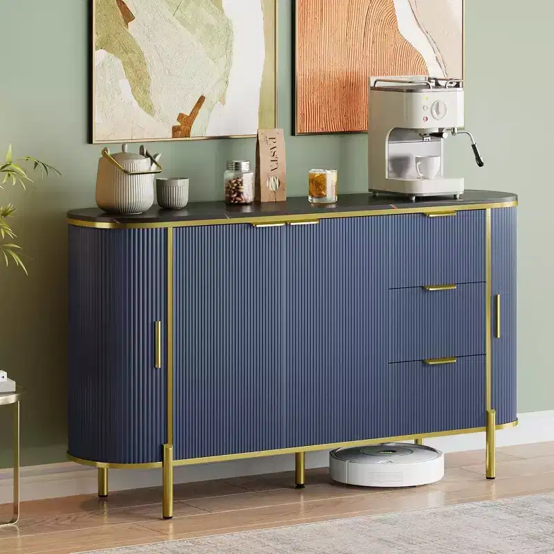 59 Modern Oval Sideboard Cabinet, Fluted Buffet Cupboard with 3 Drawers & Adjustable Shelf, Large Wood Console for Dining Room, Kitchen