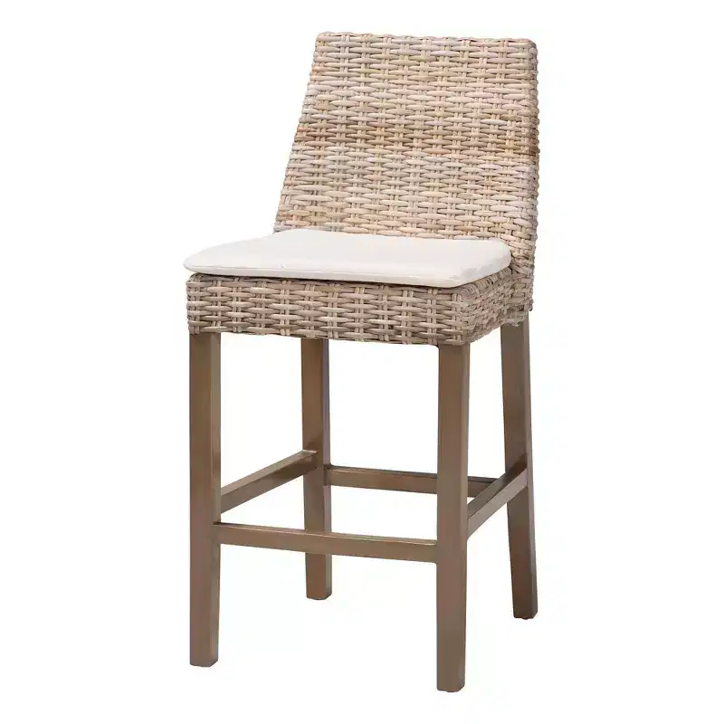 Rattan & Mahogany Counter Stool with Removable Cushion & Footrest, Boho, 18.1