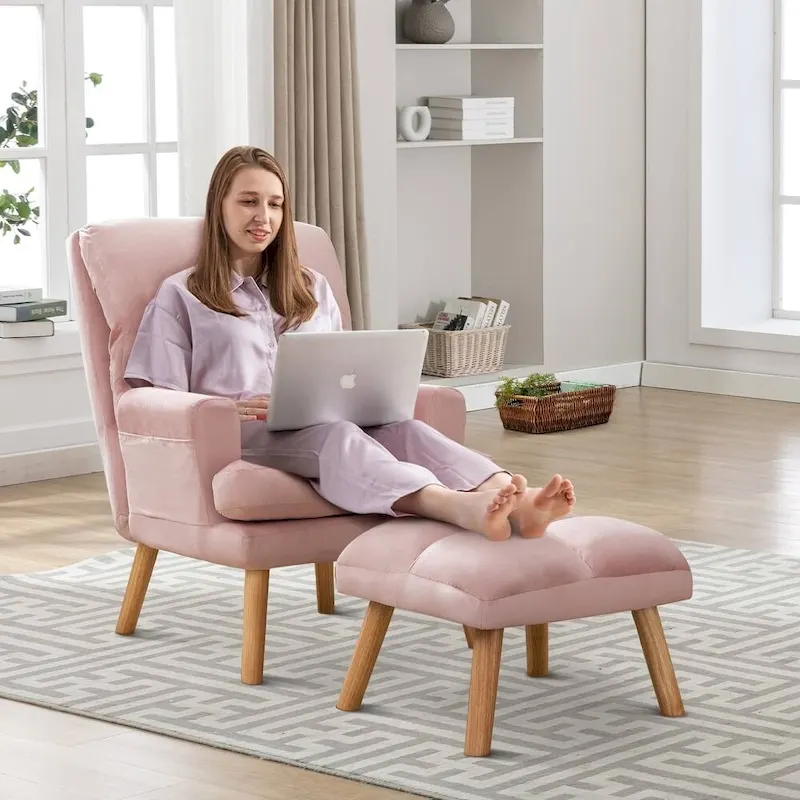 Soft Fabric Casual Living Room Armchair With Adjustable Backrest And Legs Stool