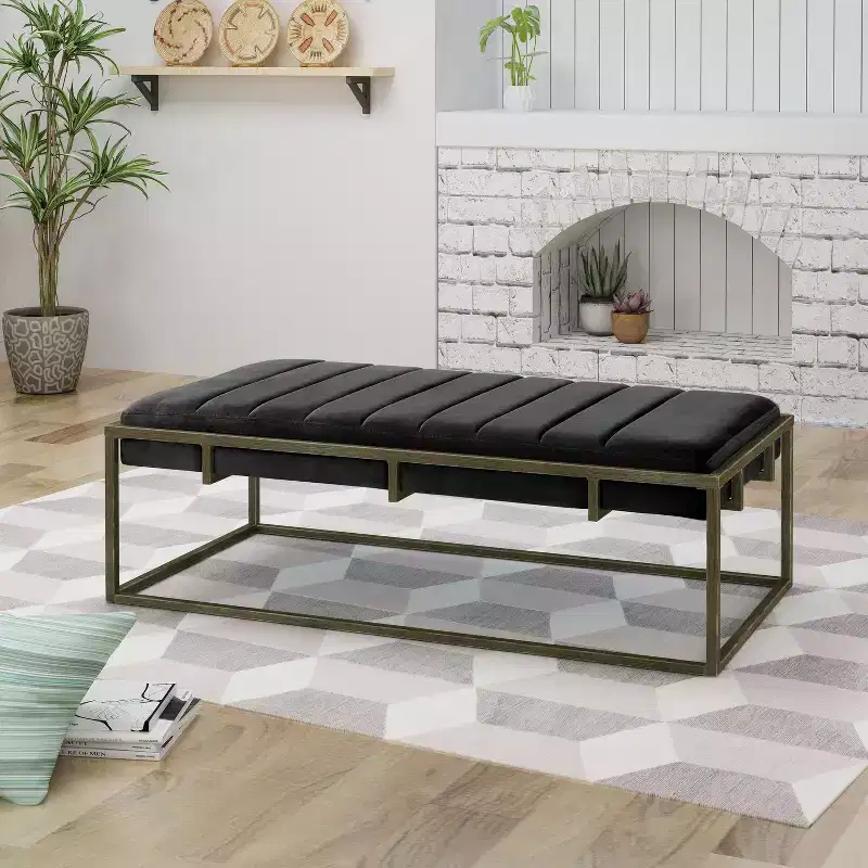 Upholstered Velvet Ottoman Bench with Brass Finish, Black
