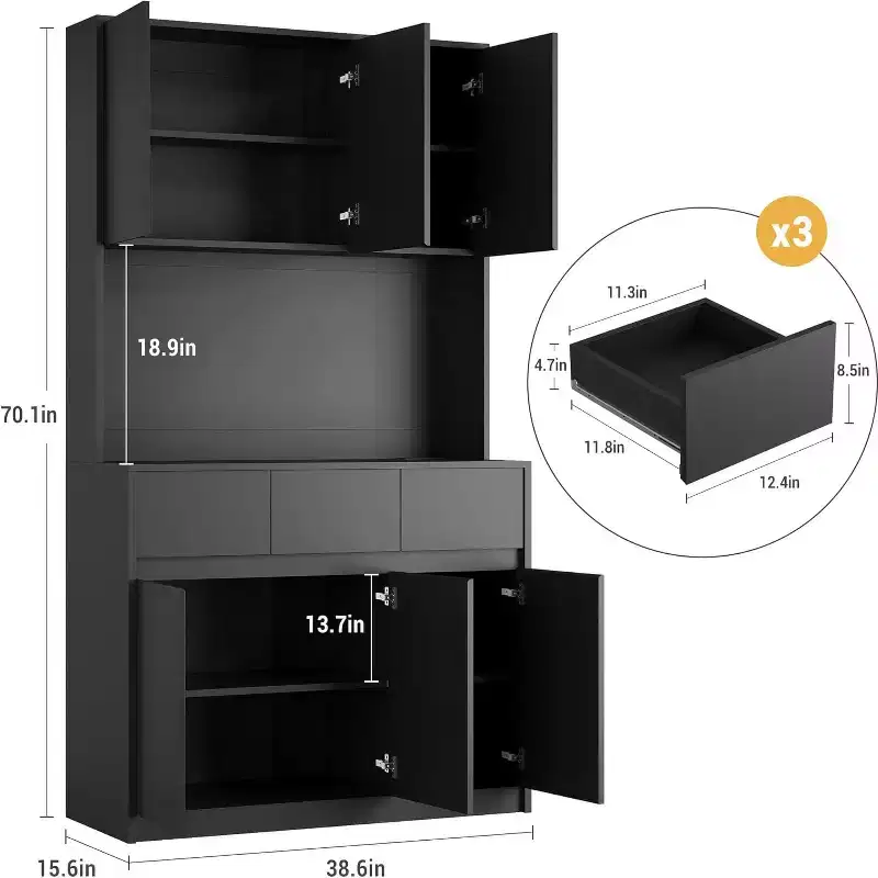 DobleePy 70 Black Farmhouse Kitchen Pantry Cabinet with Charging Station, Microwave Stand, Drawers & Adjustable Shelves, Modern Storage Hutch