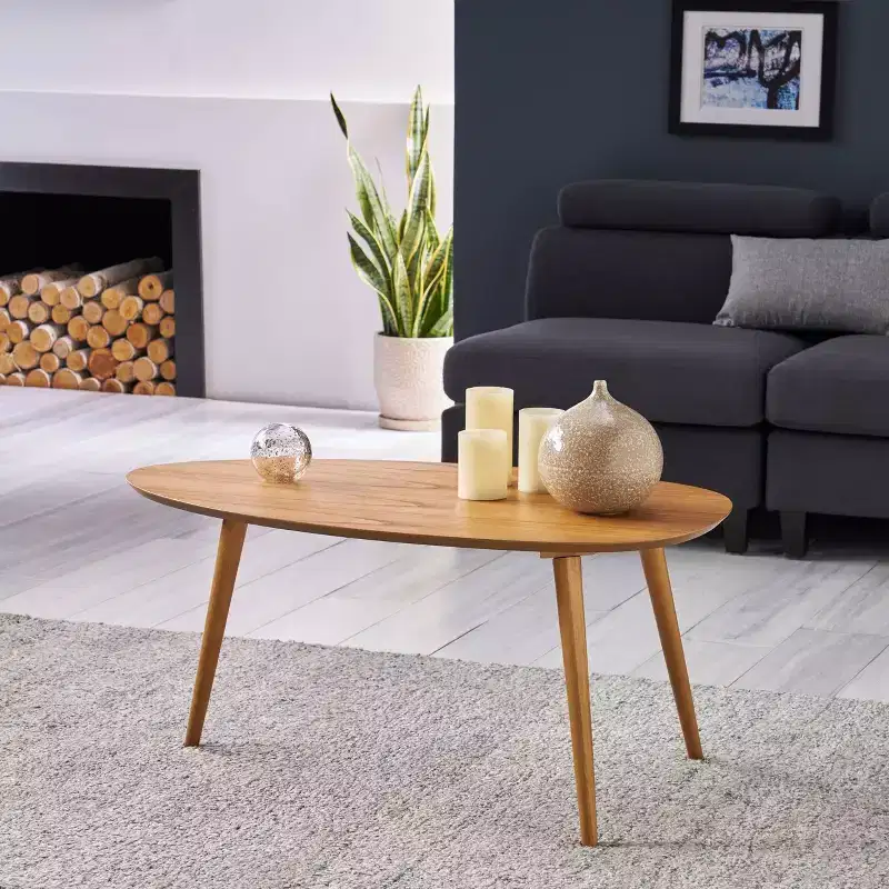 Natural / Walnut Oval Coffee Table – Mid-Century Modern, Seats 1