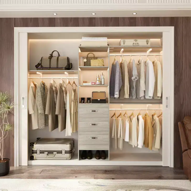Besiost Closet System with 3 Hanging Rods, 3 Drawers and 3 Shelving Tower, 5-8FT Walk-in Closet Organizer