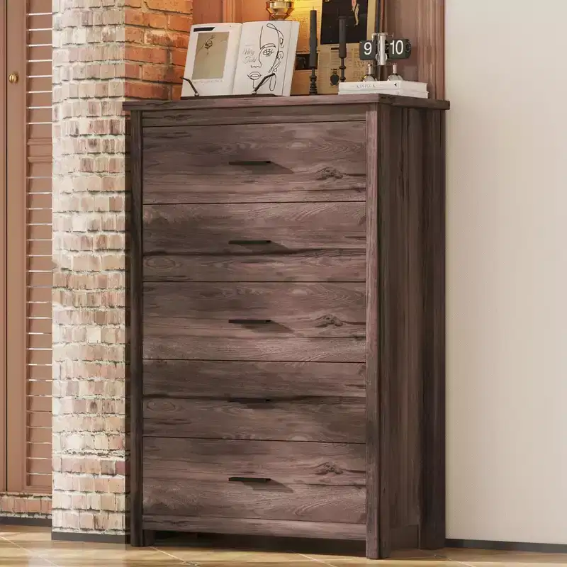 5-Drawer Dresser with Retro Country Style Easy Buckle Assembly, Smooth Sliding Drawers, Safe Storage for Bedroom