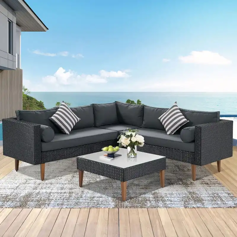 4-pieces Outdoor Patio Wicker L-shape Sofa Set with Pillows