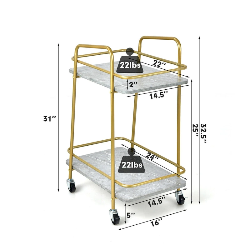 Gymax Gold Serving Cart Utility Trolley on Wheel Rolling Kitchen Rack
