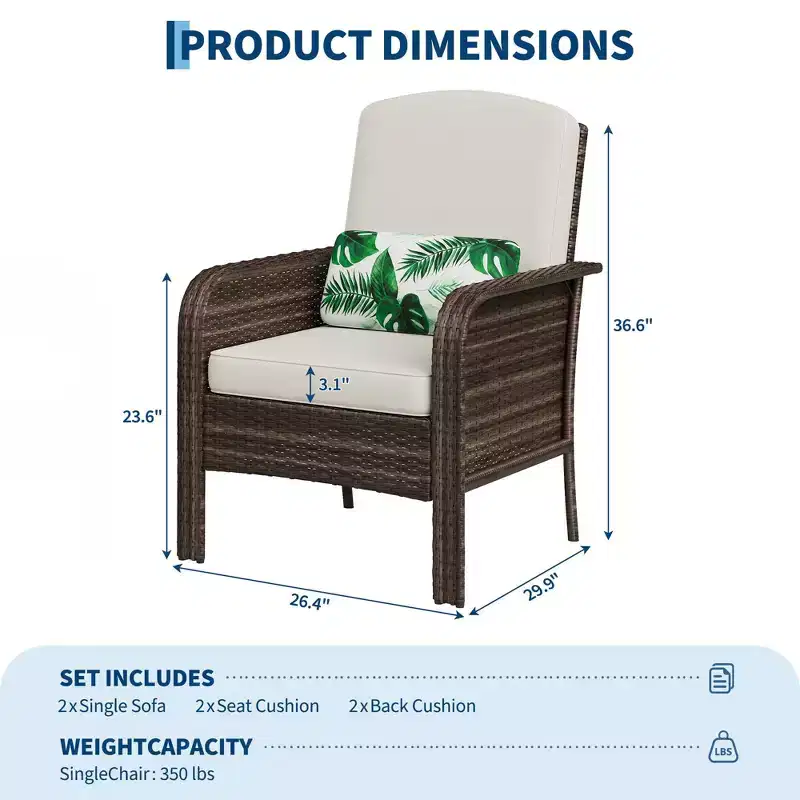 Acekool 2-Piece Rattan Lounge Chair Set, High Back Patio Seating with Thick Cushions, for Porch Deck Garden