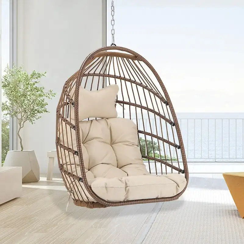 Hanging Egg Chair with PE Rattan & Powder-Coated Frame, 350 lb Capacity, Indoor/Outdoor Use