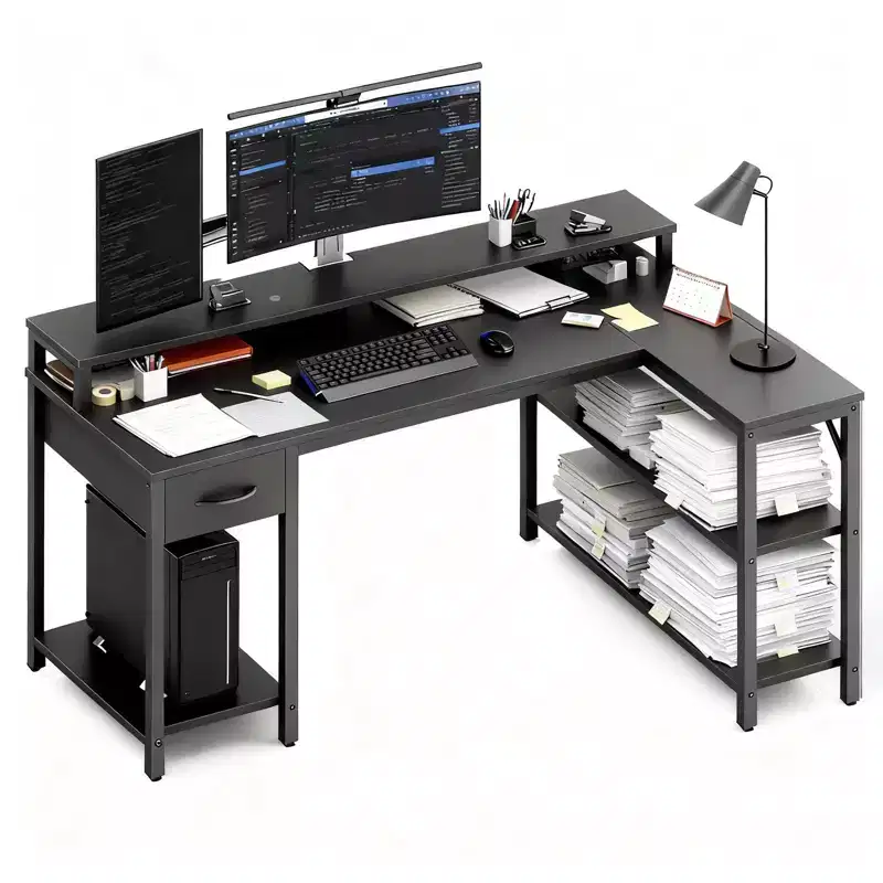 L-Shaped Gaming Computer Desk with Power Socket Shelves Storage Metal Frame 47