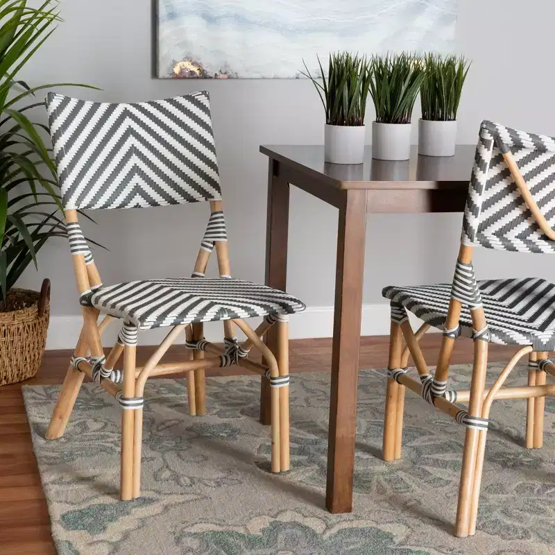 bali & pari Shai Modern French Grey and White Weaving and Natural Rattan Bistro Chair