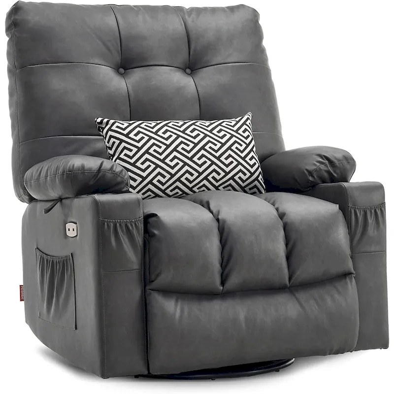 Large Power Swivel Glider Rocker Recliner with Massage & Heat – Faux Leather