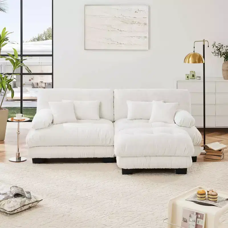 MAYEERTY Cloud Sectional Sofa with 2 Seater 2 Lumbar Pillows 2 Throw Pillows Upholstered Wide Arm Convertible Ottoman for Living Room White