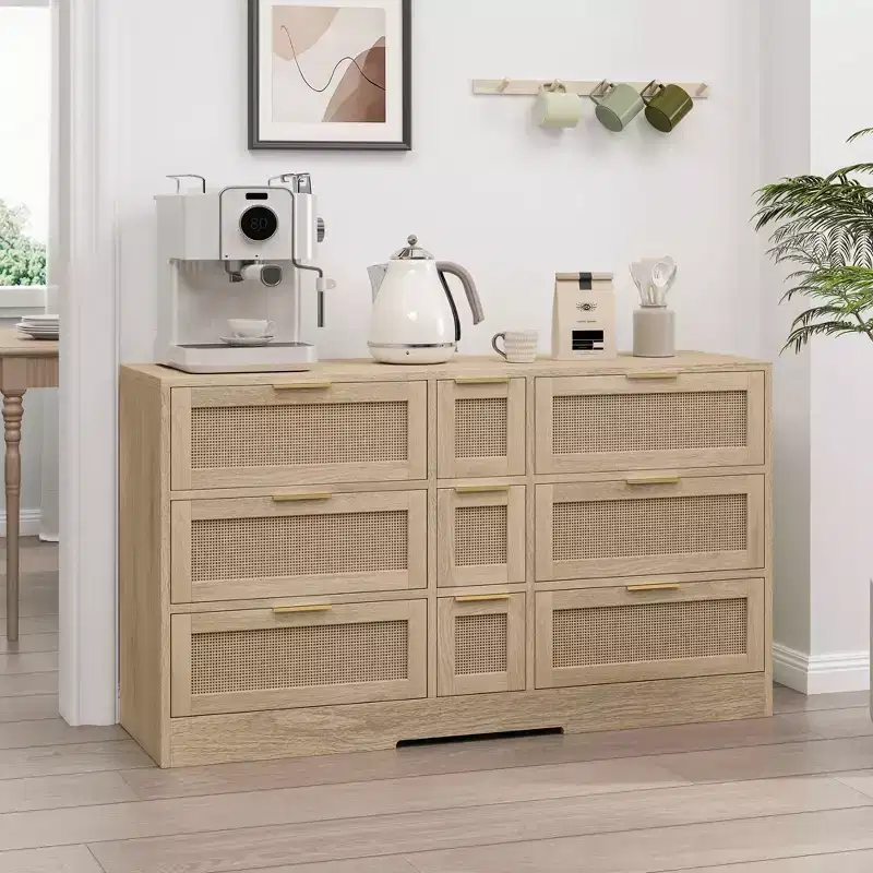 MAYEERTY 51.2 Rattan Storage with 9 Drawers Metal Handles for Kitchen Living Room Bedroom Natural