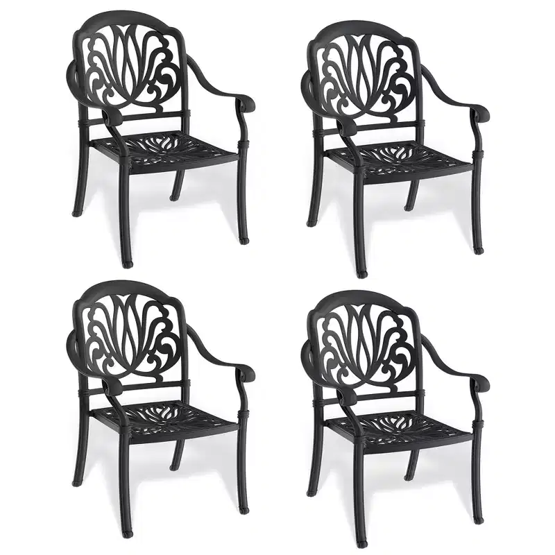 Set of 4 Cast Aluminum Patio Dining Chairs, Black Rust Resistant Frame with Water Resistant Cushions