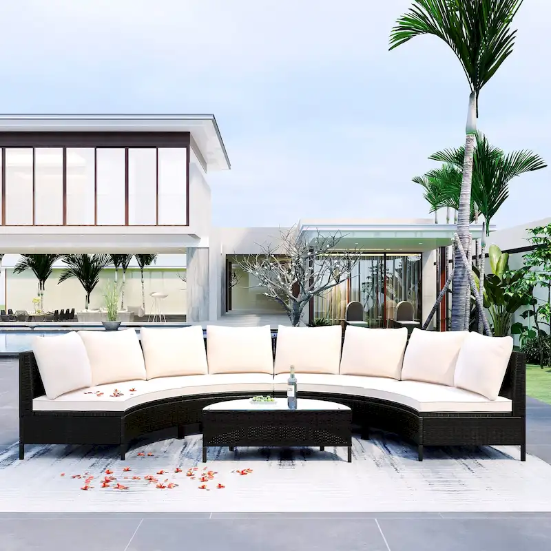 Half Moon Patio Outdoor Rattan Sectional Sofa Set with Cushion & Table