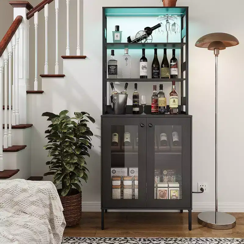 Multi-Function Kitchen Pantry Cabinet with Outlets, LED Lights & Glass Door Storage, 67