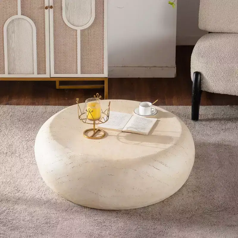 35.4-Inch Modern Round Coffee Table with Faux Stone Top, Smooth Edge, No Assembly Required