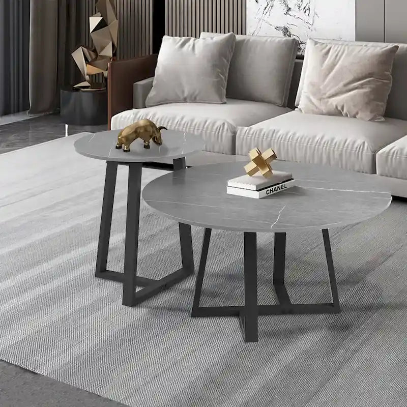 Set of 2 Round Nesting Tables Sintered Stone Marble Coffee Table - 31.5x15.7 inch