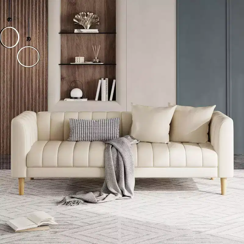 COZONY 78 Faux Leather Sofa Couch with Deep Seats, 3-Seater Modern Sofa with Pillows & Wood Legs for Living Room