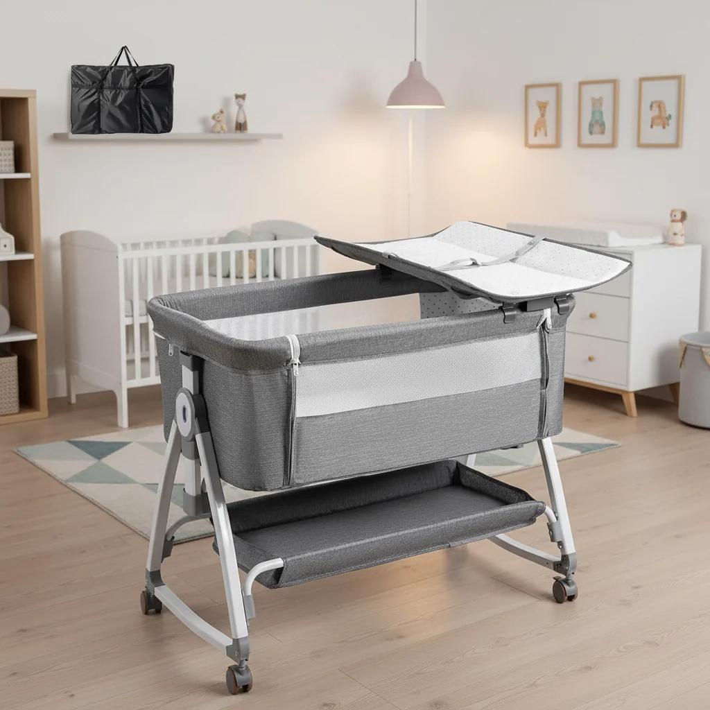 Baby Bassinet with Changing Table, Bedside Bassinet with Comfy Mattress and Wheels, 6 Height Adjustable, Easy Folding