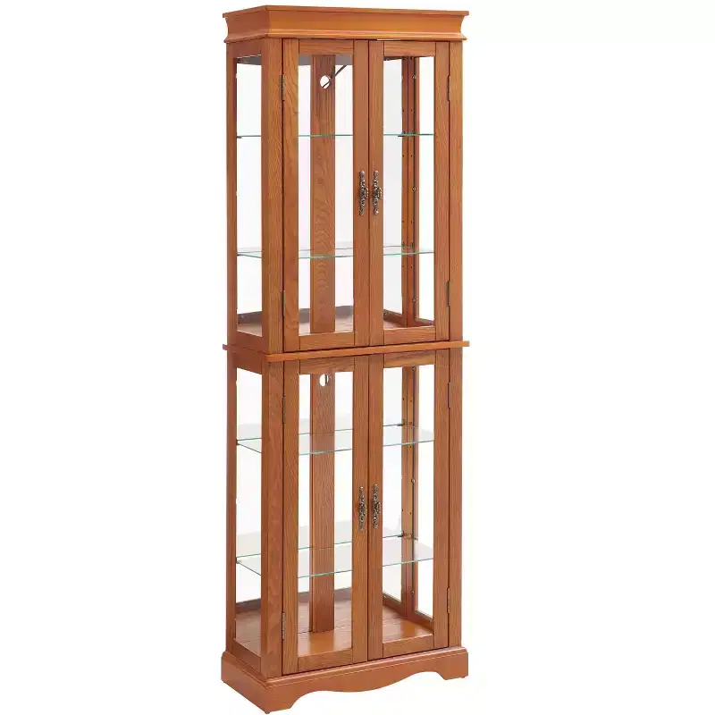 Lighted Glass Curio Display Cabinet with Wood Frame - Elegant Glass Storage for Wine, Toys & Collectibles - Perfect for Living Room, Kitchen- OAK