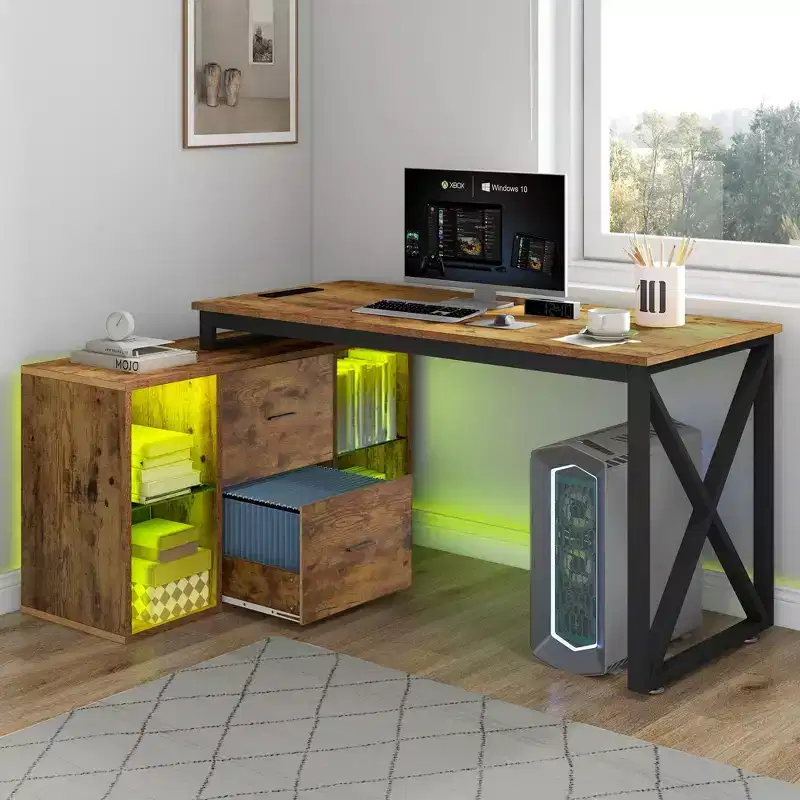 Brown 55inch L Shaped Desk Reversible Corner Computer Desk with Drawers & LED Lights with 4 Glass Open Storage Shelves