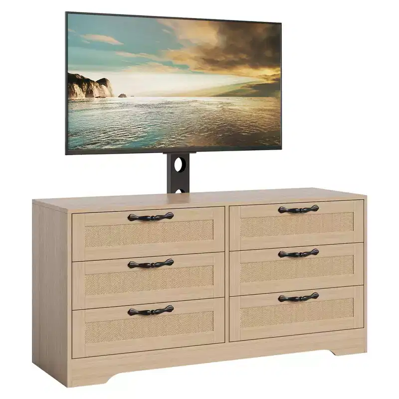 Wood & Rattan TV Stand with Mount 6-Drawer 47.2''W x 43.8''H x 15.7''D