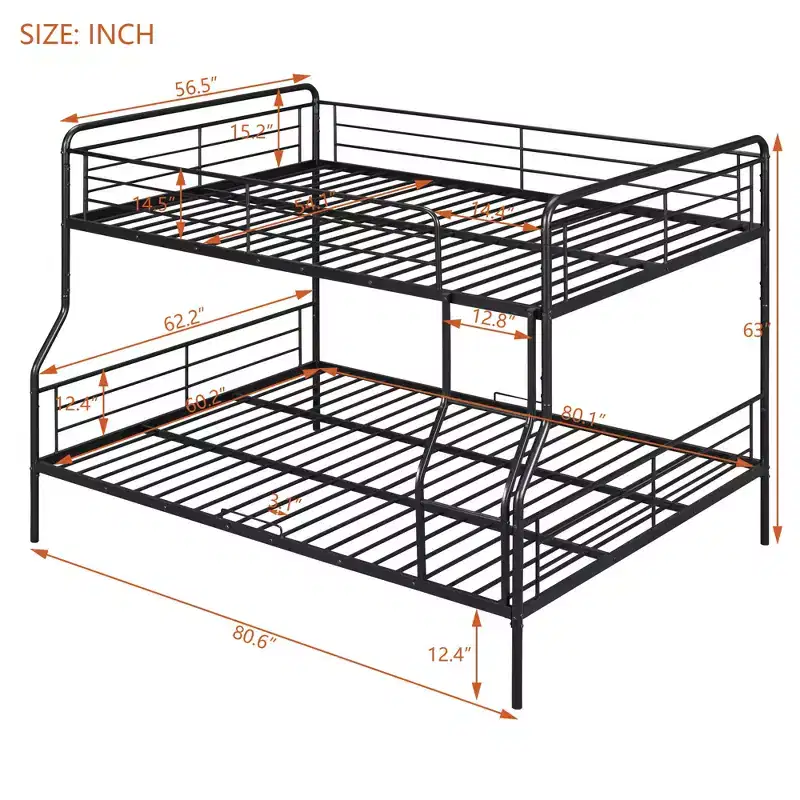Full XL over Queen Metal Bunk Bed, Convertible into 2 Separate Beds, Heavy-Duty Iron Bed Frame for Kids Teens