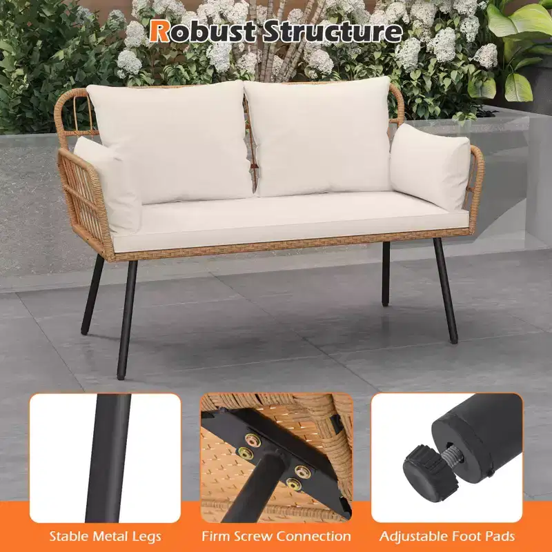 Costway Patio Wicker Loveseat Furniture with Seat Back Cushions, Heavy-Duty Metal Legs Off-White/Black