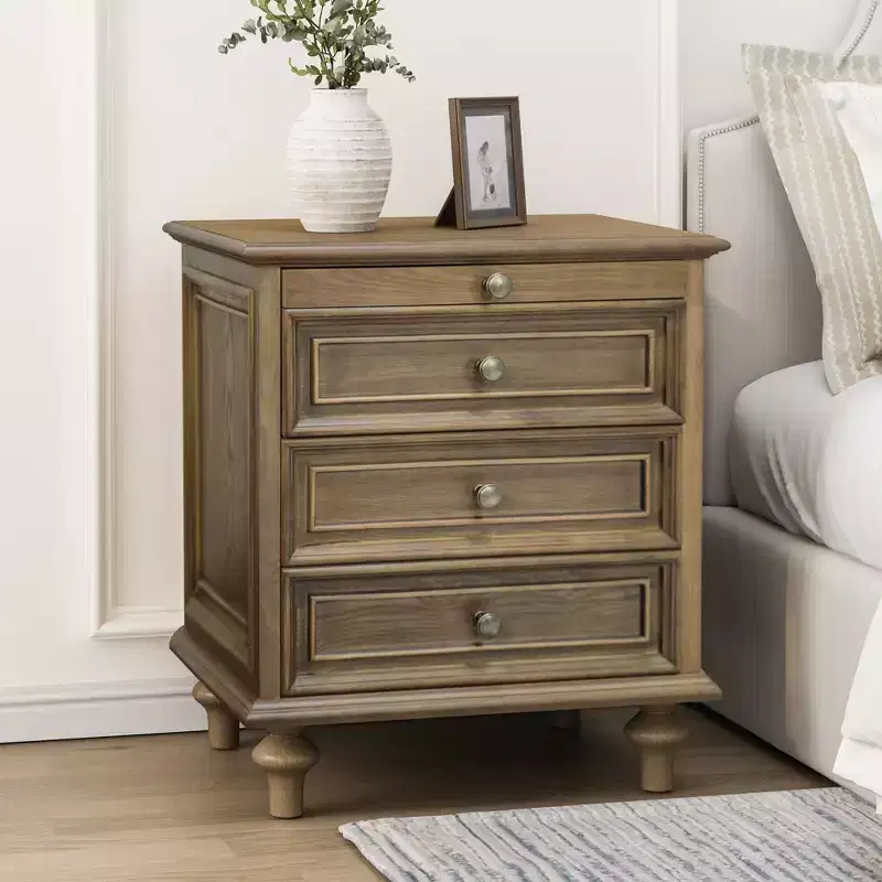 Farmhouse 4-Drawer Nightstand Side Table Wood Storage End Table with Hidden Pull-Out Shelf - ModernLuxe