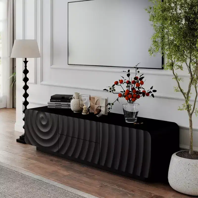 TV Stand with Storage Cabinet, Spiral Wave Design TV Entertainment Center with 2 Drawers