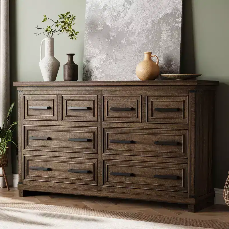 8 Drawer Dresser for Bedroom, 55w Wooden Chest of Drawers with Metal Handles, Large Dresser TV Stand, Storage Dressers Organizer for Closet, Bedroom