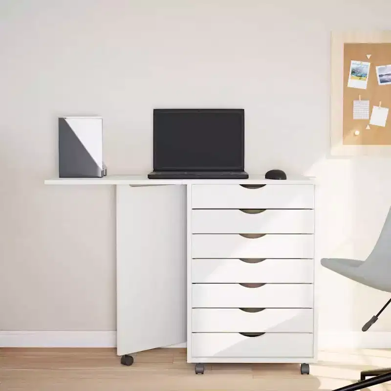 White Solid Pine Rolling Cabinet with Desk