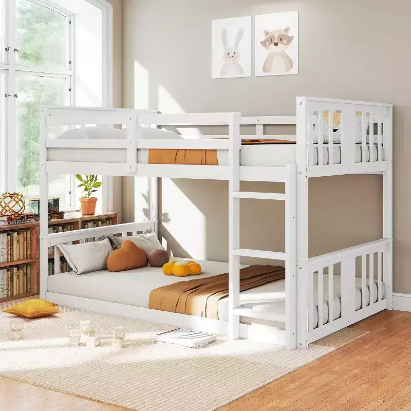 Zevemomo Low Twin Over Twin Bunk Bed, Solid Pine Wood Frame with Built-in Ladder, Converts to 2 Twin Beds, Space-Saving Floor Bed for Bedroom,White