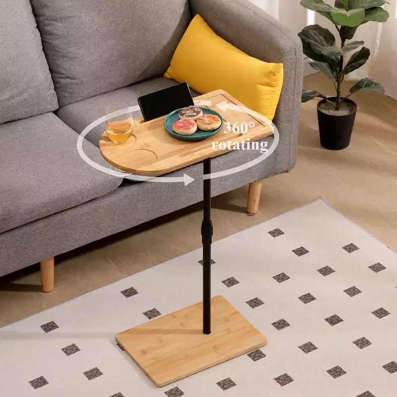 Bamboo Height Adjustable C-Shape Side Table, Oval Rectangle Sofa Tray Table with Phone Slot Wine Glass Holder