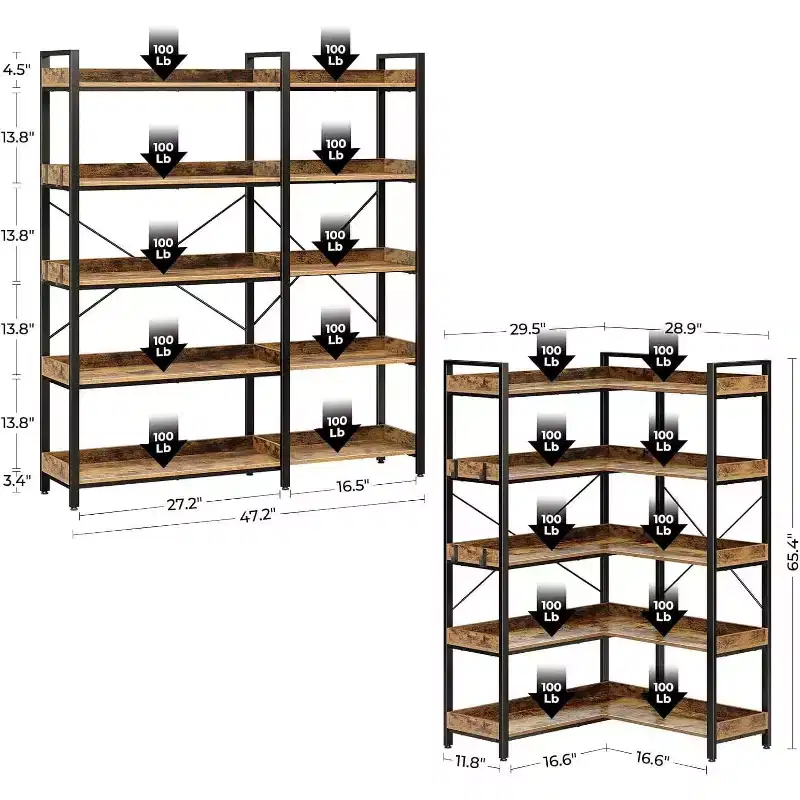 COZONY 5-Tier L-Shaped Industrial Corner Bookshelf, Tall Wooden Bookcase w/ 4 Hooks & Metal Frame