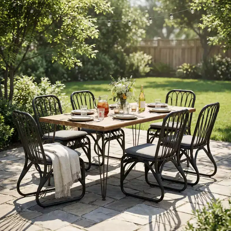 Christopher Knight Home Zion Modern 7 Piece Patio Acacia Wood Dining Table with Iron Rattan Chairs